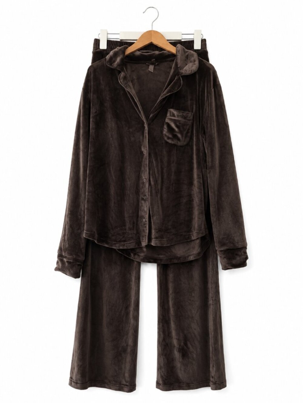 SKIMS Brown Velour Pajama Set Long Sleeve Top Wide Leg Pants S